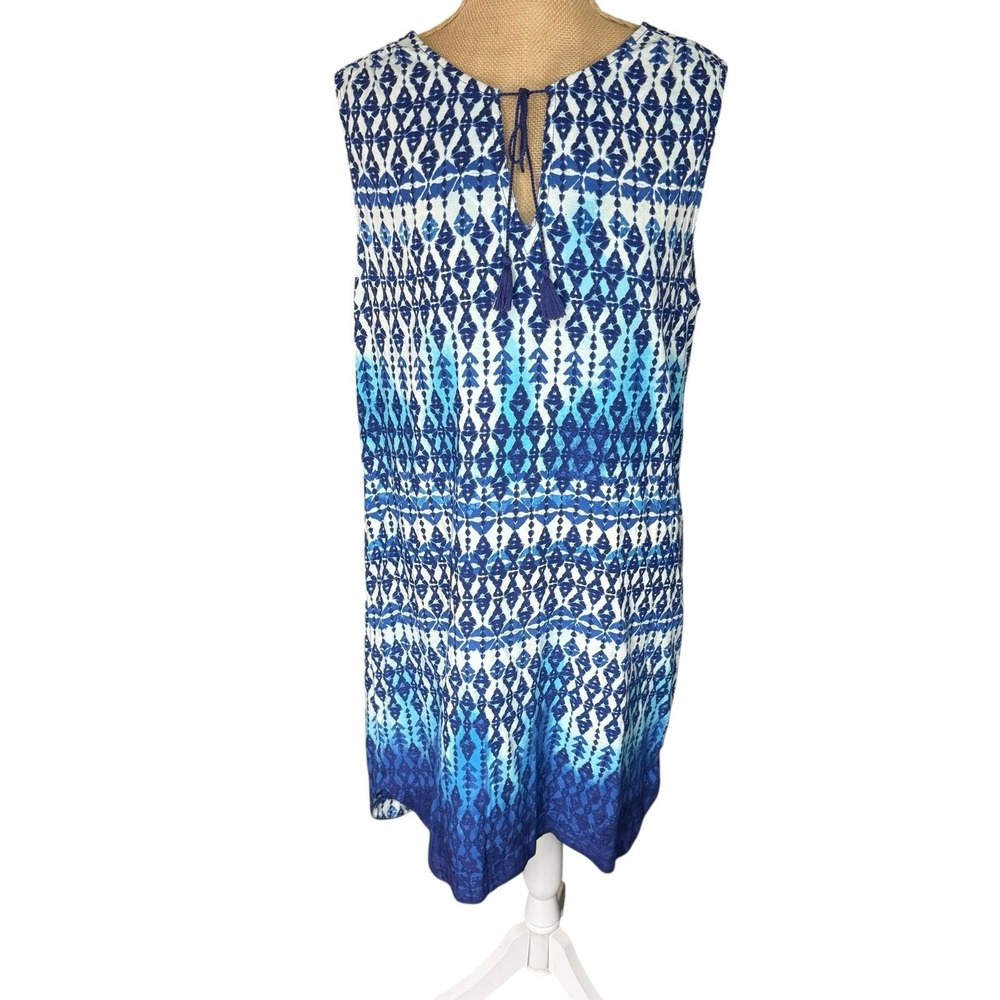 Blue Ikat Ombre Sleeveless Tassel Tie Shift Dress Unique Fun Flowy Large‎